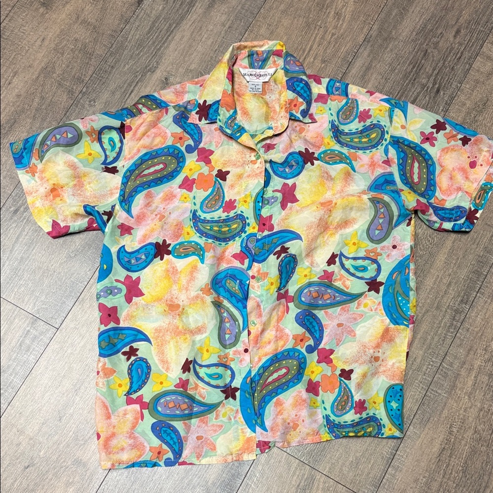 Vintage 100 Silk Multicolor Paisley Button-Down Shirt Short Sleeved